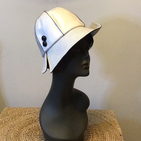 1960s Mr. John Ivory Faille Mod Hat W/ Wide Navy Patent Trapunto Stitched Brim